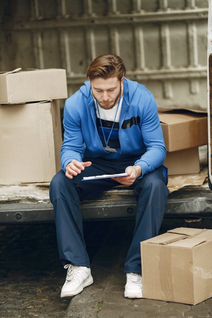 A warehouse employee sitting by a van checking inventory with a tablet device.